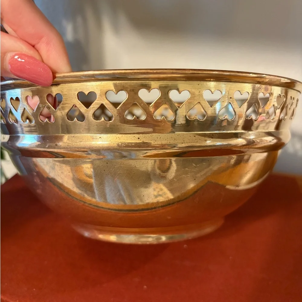 Vintage Brass Bowl Planter Pot with Heart Cutouts - Picture 5 of 10